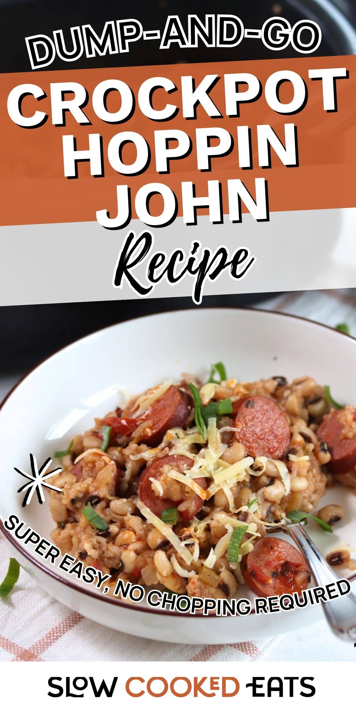 A bowl of crockpot hoppin john made with black-eyed peas, sausage slices, and green onions. Slow-cooked Southern black-eyed peas recipe.