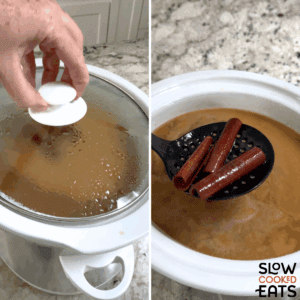 Covering the slow cooker and cooking until done and removing the cinnamon sticks for crockpot Christmas punch.