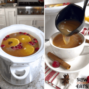 Adding orange slices and cranberry garnish in the slow cooker- then, serving crockpot Christmas punch in a white mug.