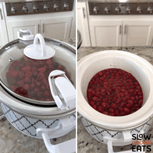 Placing the lid on the slow cooker to cook the raspberry cranberry sauce crockpot recipe.