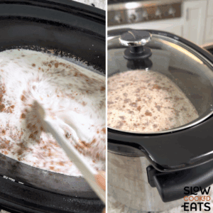 Stirring the slow cooker to combine ingredients and then placing the lid to cook crockpot rice pudding.