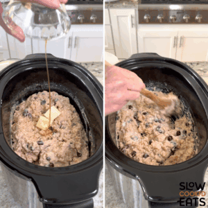 Adding butter and maple syrup to crockpot rice pudding and stirring to combine.