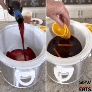 Adding wine and aromatics to a white oval slow cooker for mulled wine recipe crockpot.
