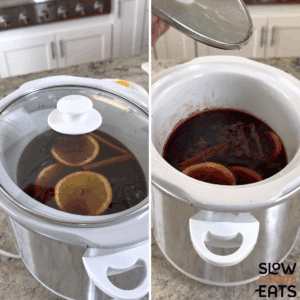 Covering and slow cooking the mulled wine recipe crockpot and then removing the aromatics.