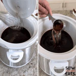 Adding in spices and brandy to the slow cooker for mulled wine recipe crockpot.