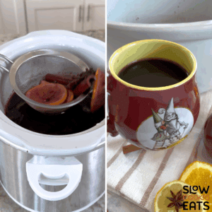 Sifting the wine of any extra ingredients and the serving mulled wine recipe crockpot in a red mug.