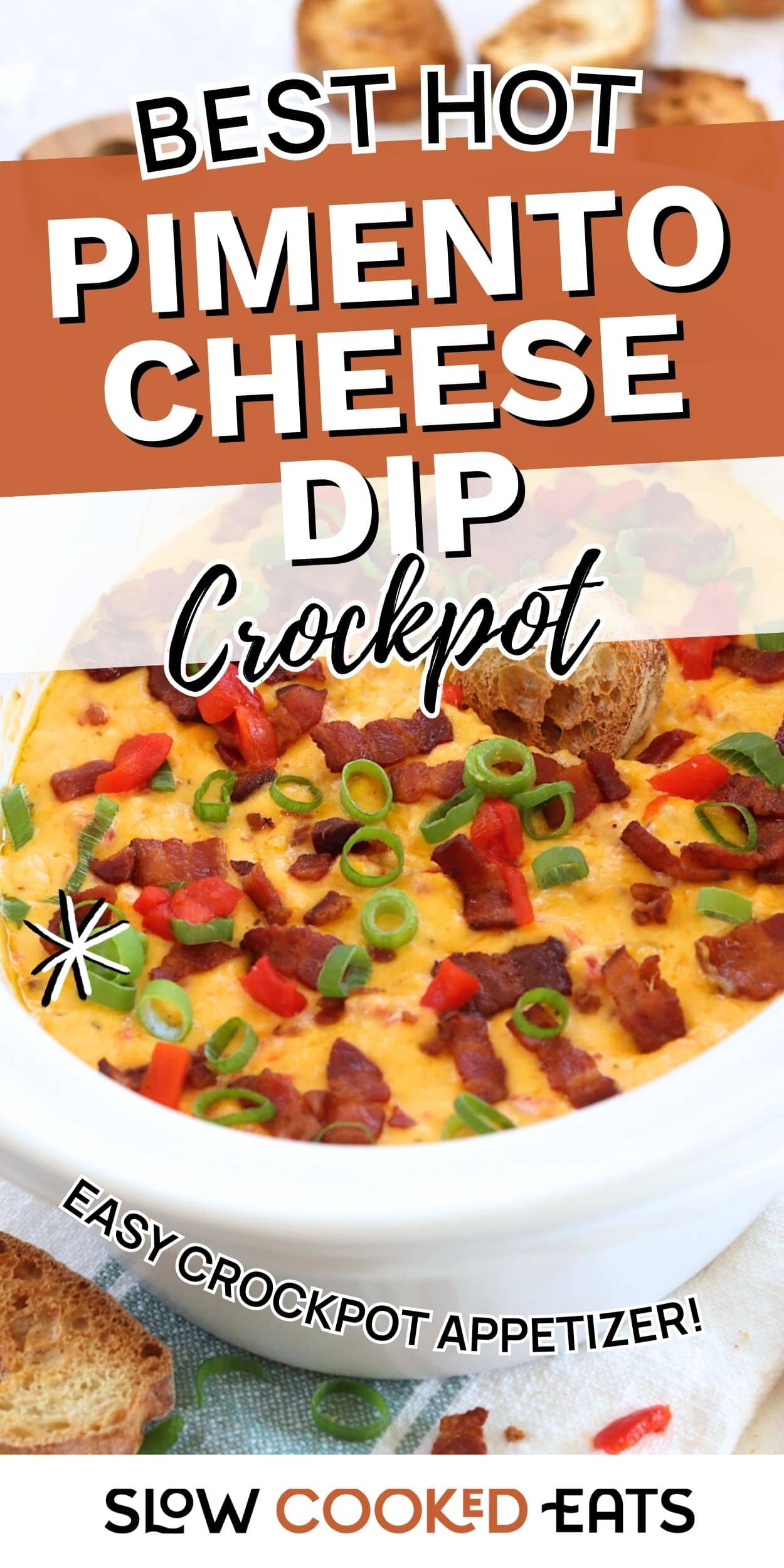 A crockpot filled with hot pimento cheese dip topped with bacon, diced pimentos, and sliced green onions. Creamy slow cooker cheese dip appetizer.