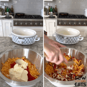 Adding ingredients needed for hot pimento cheese dip crockpot recipe in a silver bowl and mixing them together.