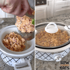 Adding the ingredients for hot pimento cheese dip crockpot into the white oval slow cooker and placing the lid on until done.