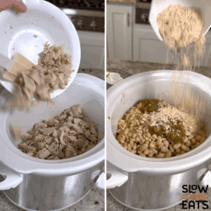 Adding leftover turkey and ingredients to make leftover slow cooker turkey white chili to a white oval slow cooker.