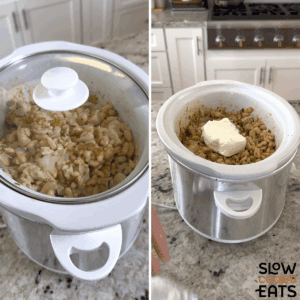 Leftover slow cooker turkey white chili cooking in a white oval crockpot and adding cream cheese at the end.