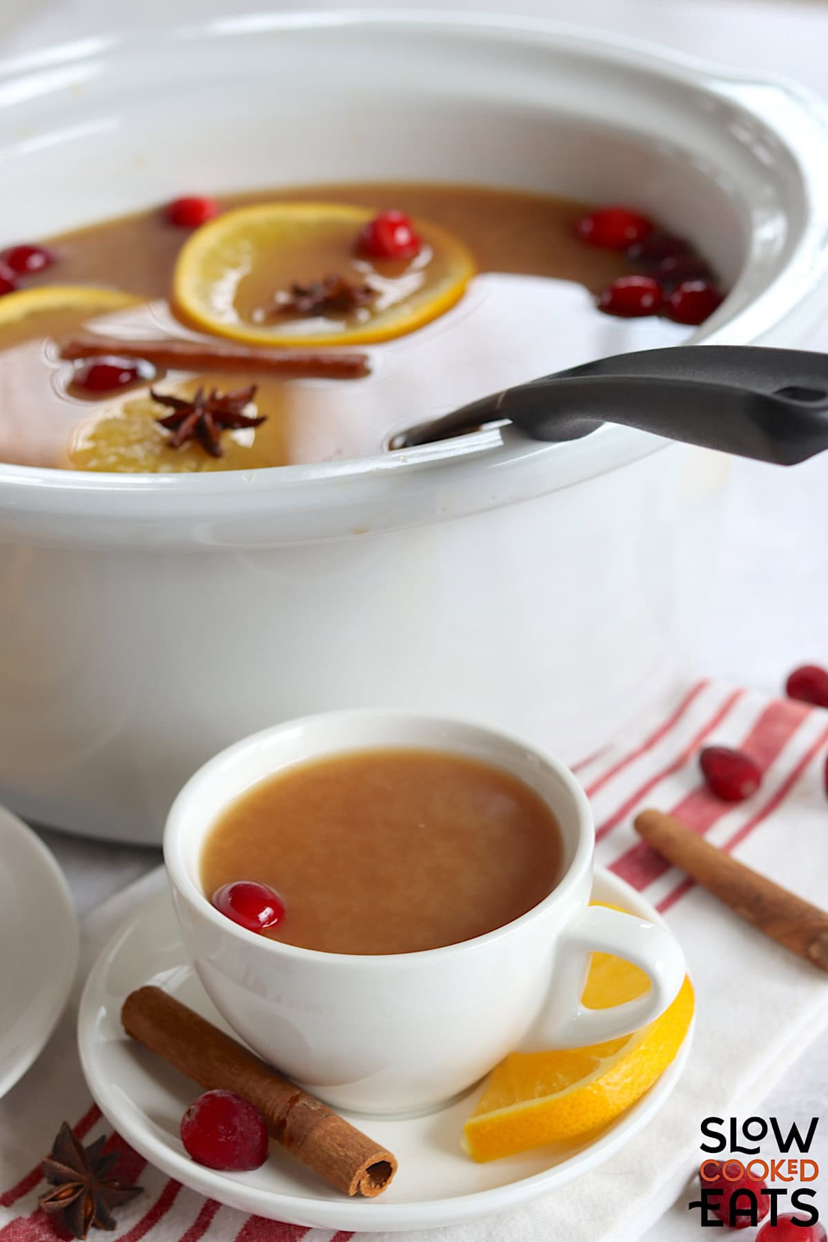Crockpot Christmas punch in a white oval slow cooker with a black ladle and served in a white mug.