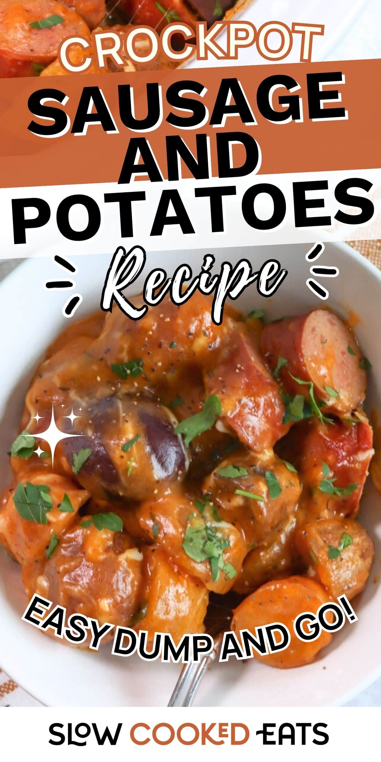 Crockpot sausage and potatoes in a bowl with sliced sausage, tender potatoes, and sauce. Easy slow cooker sausage and potato recipe made as a dump and go dinner.
