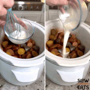 Adding cornstarch slurry to the slow cooker and stirring it in for crockpot sausage and potatoes.