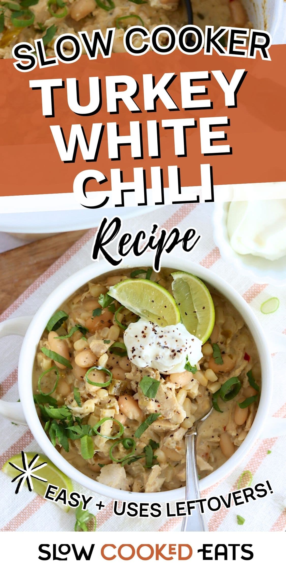 A white bowl of slow cooker turkey white chili garnished with sour cream and lime.
