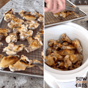 Broiling the chicken wings and adding to a white oval slow cooker to make crockpot teriyaki chicken wings.