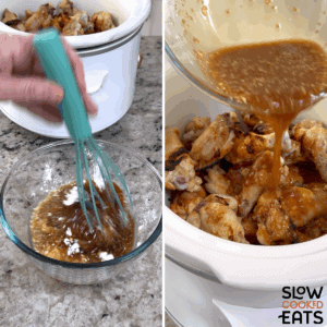 Making the teriyaki sauce and pouring over top the crockpot teriyaki chicken wings in the white oval slow cooker.
