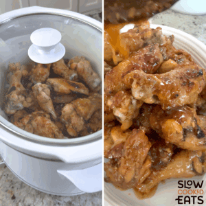 Placing the lid on the slow cooker and cooking the crockpot teriyaki chicken wings until done and then serving with extra sauce.