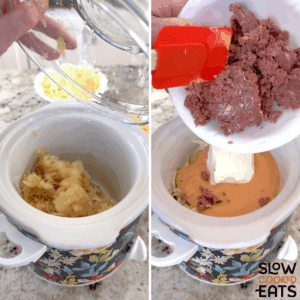 Adding the ingredients needed to make crockpot Reuben dip recipe into a small white round slow cooker.