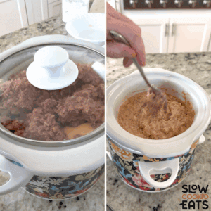 Slow cooking the crockpot Reuben dip recipe in a white round slow cooker and stirring when done.
