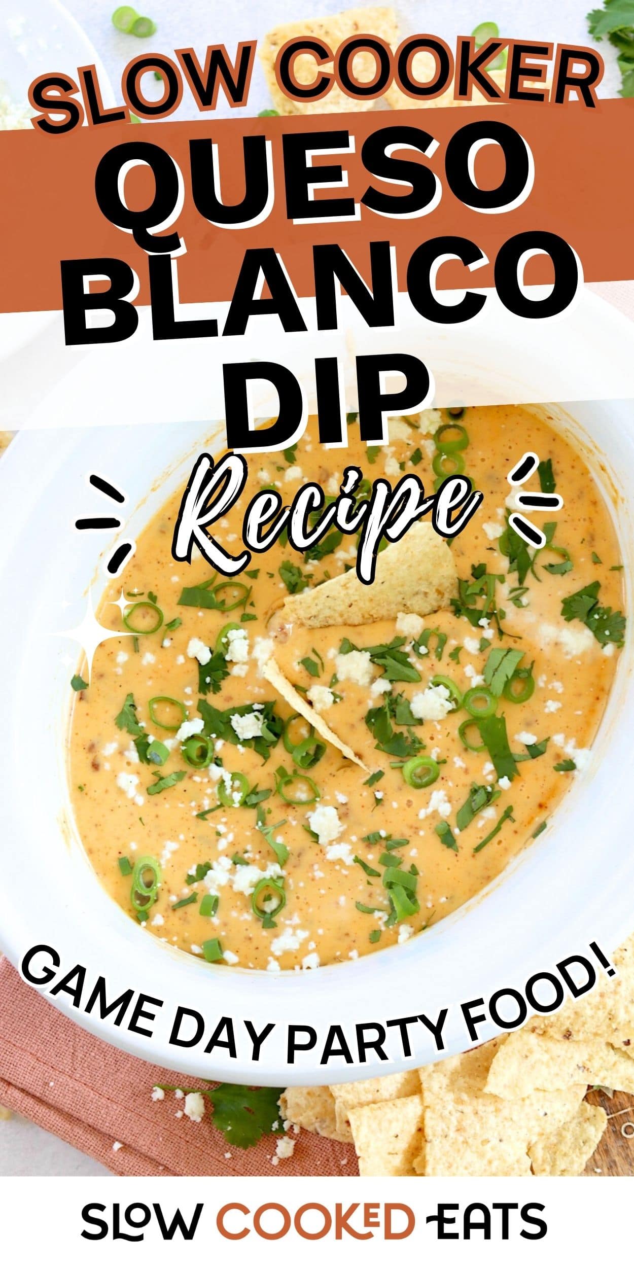 Slow cooker queso blanco dip topped with green onions and crumbled cheese, served with tortilla chips. Creamy white queso dip made in the crockpot for parties and game day.