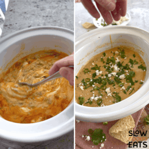 Stirring the slow cooker queso blanco dip together and garnishing with sliced green onion and extra cheese when ready to serve.