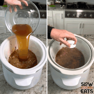 Adding broth and spices to a white oval slow cooker for crockpot French onion soup and placing the lid on the top.