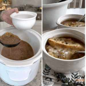 Using a black ladle to serve crockpot French onion soup in a small round white crock and garnishing with cheese and bread with a silver spoon.