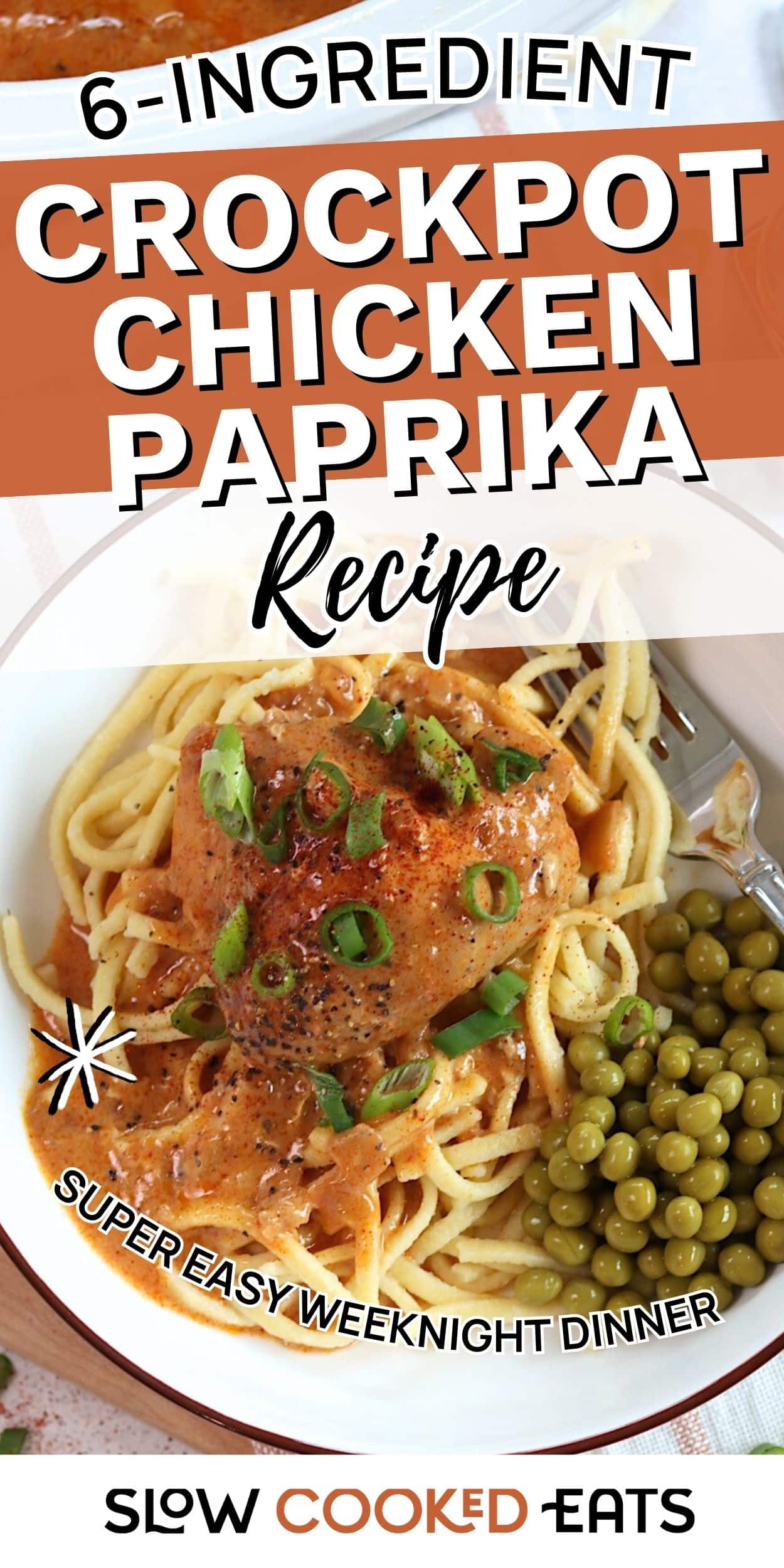 Crockpot chicken paprika served over noodles with creamy paprika sauce and green onions. Easy 6-ingredient slow cooker chicken paprika recipe for weeknight dinners.