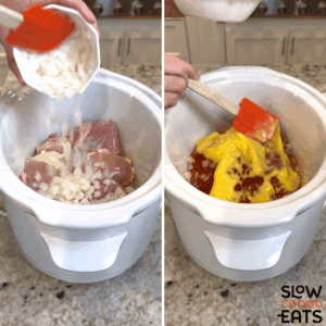 Adding ingredients needed to make crockpot chicken paprika to a white oval crockpot.
