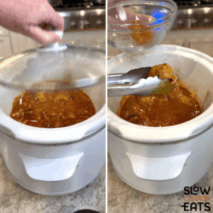 Removing chicken from the white oval slow cooker for crockpot chicken paprika.