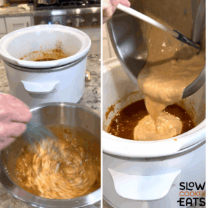 Whisking together the sauce for crockpot chicken paprika in a silver bowl and then adding it to the juices in the white oval slow cooker.