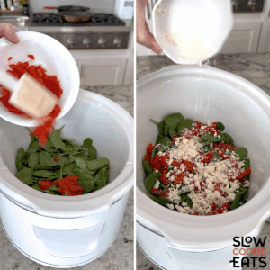 Adding ingredients to a white oval slow cooker to make Mediterranean crockpot frittata.