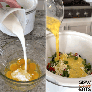 Making the egg mixture and then adding it to the slow cooker to make Mediterranean crockpot frittata.