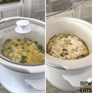 Cooking the Mediterranean crockpot frittata in the slow cooker with the cover on until it is done, and then removing the lid.