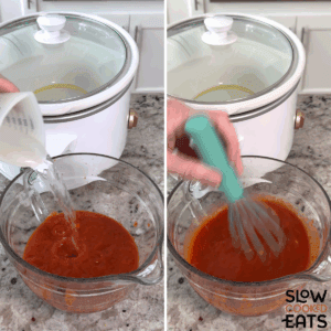 Whisking together the sauce for crockpot ravioli lasagna in a clear round bowl and silver whisk.