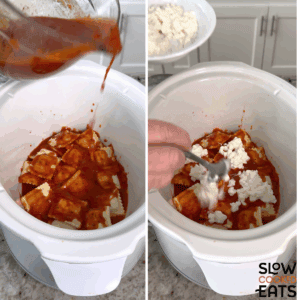 Layering the crockpot ravioli lasagna in a white round slow cooker, showing the ravioli, red sauce and cottage cheese.