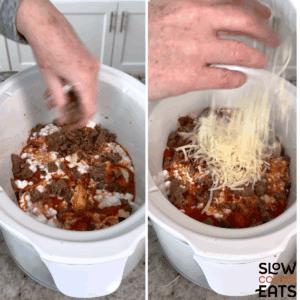 Layering ingredients for crockpot ravioli lasagna in a white round slow cooker showing the ground meat and shredded cheese.