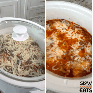 Placing the lid on the slow cooker and cooking the crockpot ravioli lasagna until it is done.