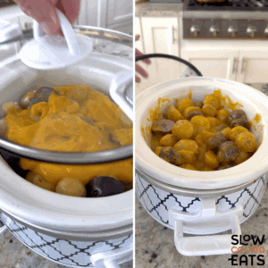 Placing the lid on the slow cooker and cooking the crockpot cheesy potatoes until they are done.