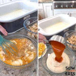 Mixing together the sauce ingredients for crockpot buffalo chicken lasagna in a clear mixing bowl.