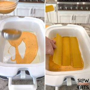 Starting to layer sauce and noodles into a white rectangle baking dish for crockpot buffalo chicken lasagna.