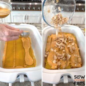Continuing to layer ingredients for crockpot buffalo chicken lasagna into the white rectangle baking dish.