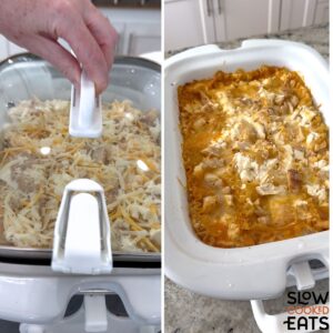 Placing the lid on the slow cooker and baking the crockpot buffalo chicken lasagna recipe until it is done and removing the lid to enjoy.