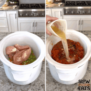 Putting the ingredients needed to make the best buffalo chicken chili crockpot recipe into a white oval slow cooker.