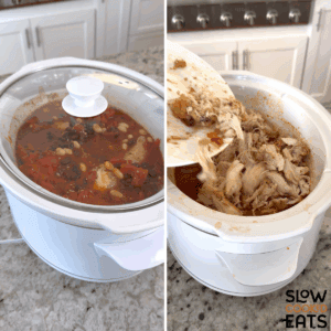 Cooking the best buffalo chicken chili crockpot recipe and removing the chicken, shredding it and adding it back to the white oval slow cooker.