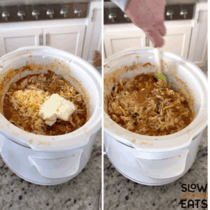 Adding the shredded cheese and cream cheese to the slow cooker and stirring it into the best buffalo chicken chili crockpot recipe.