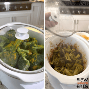 Place the lid on the white oval slow cooker and cooking the broccoli until it is done for crockpot broccoli cheese casserole.