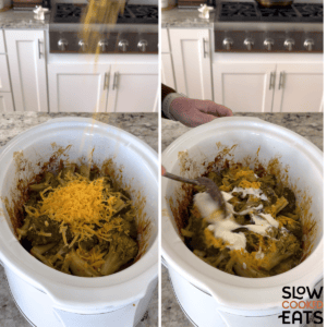 Adding shredded cheddar cheese and sour cream to the crockpot broccoli cheese casserole.