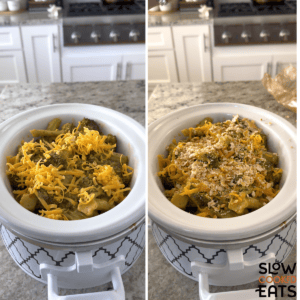 Topping the crockpot broccoli cheese casserole with shredded cheddar cheese and crushed ritz crackers.